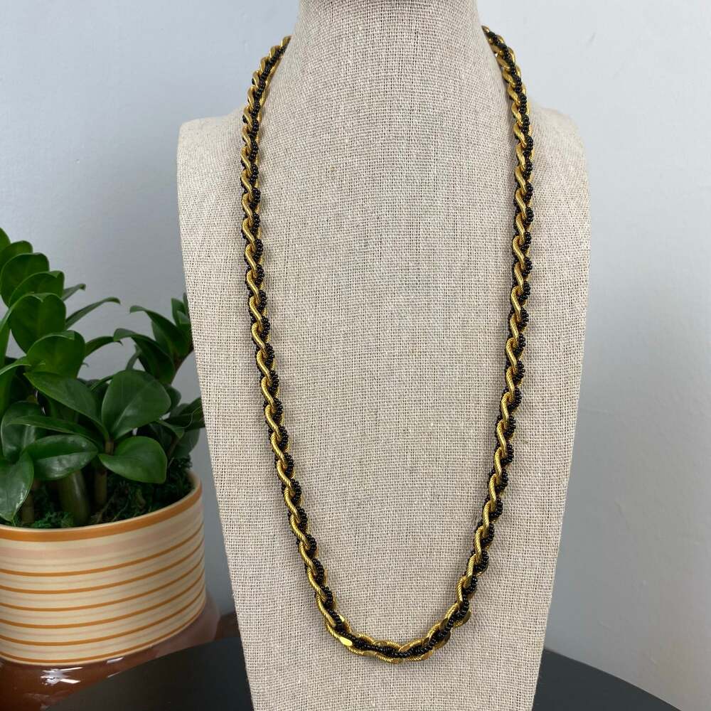 Vintage TRIFARI Gold Tone Rope & Black Seed Bead Twisted Chain Necklace